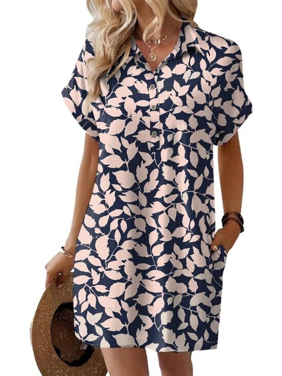 Dresses & Skirts - Women's Summer Shirt Dress Short Sleeve Floral Dress with Pocket Blue Leaf